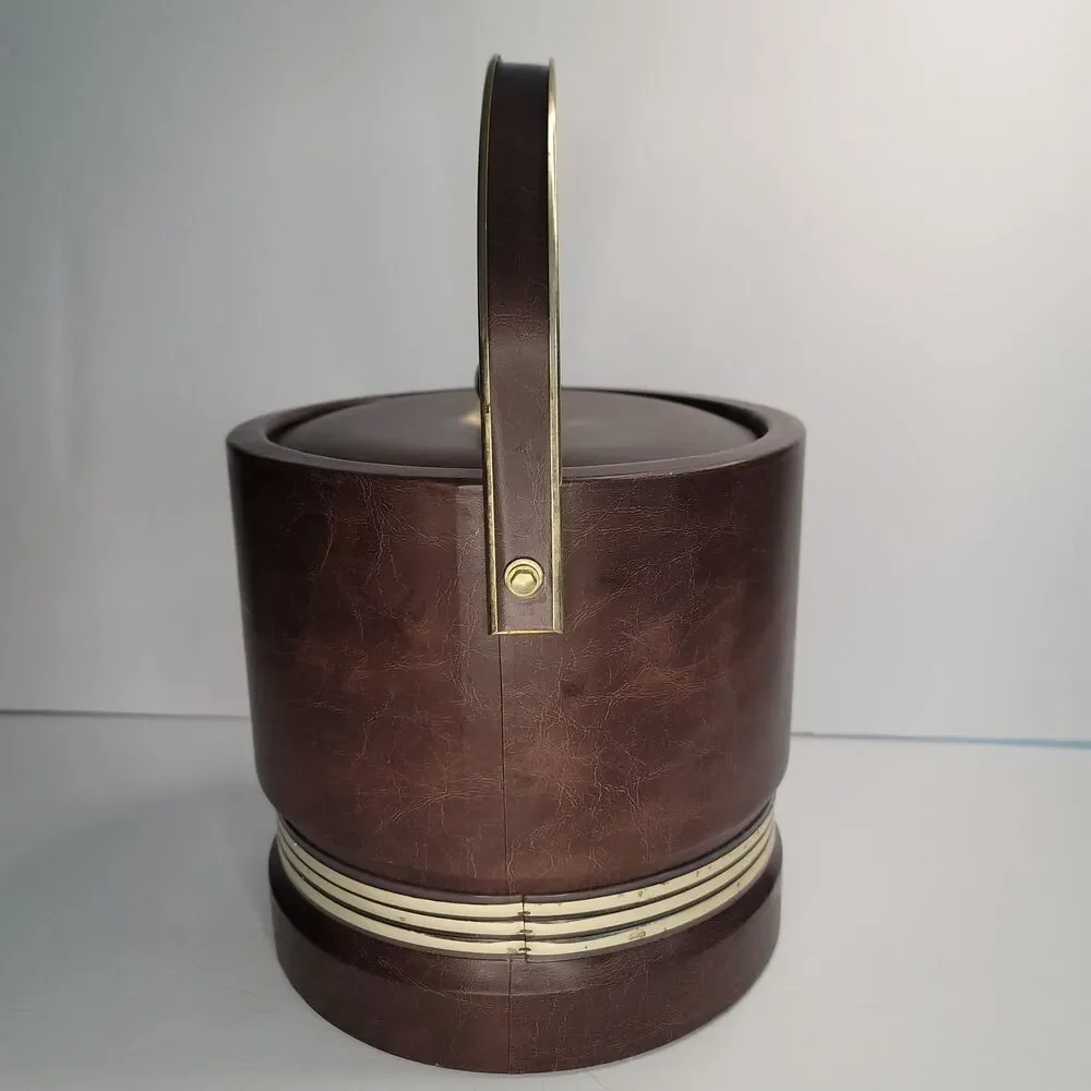 Vintage MCM Brown Vinyl Ice Bucket High Rise Brass Handle Retro Barware 8 In